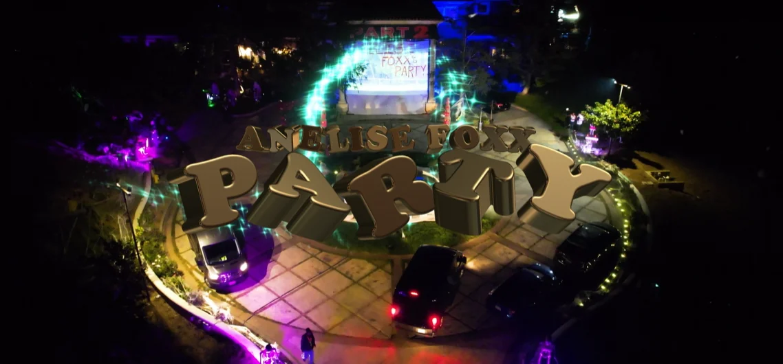 Aerial night view of a lit party driveway